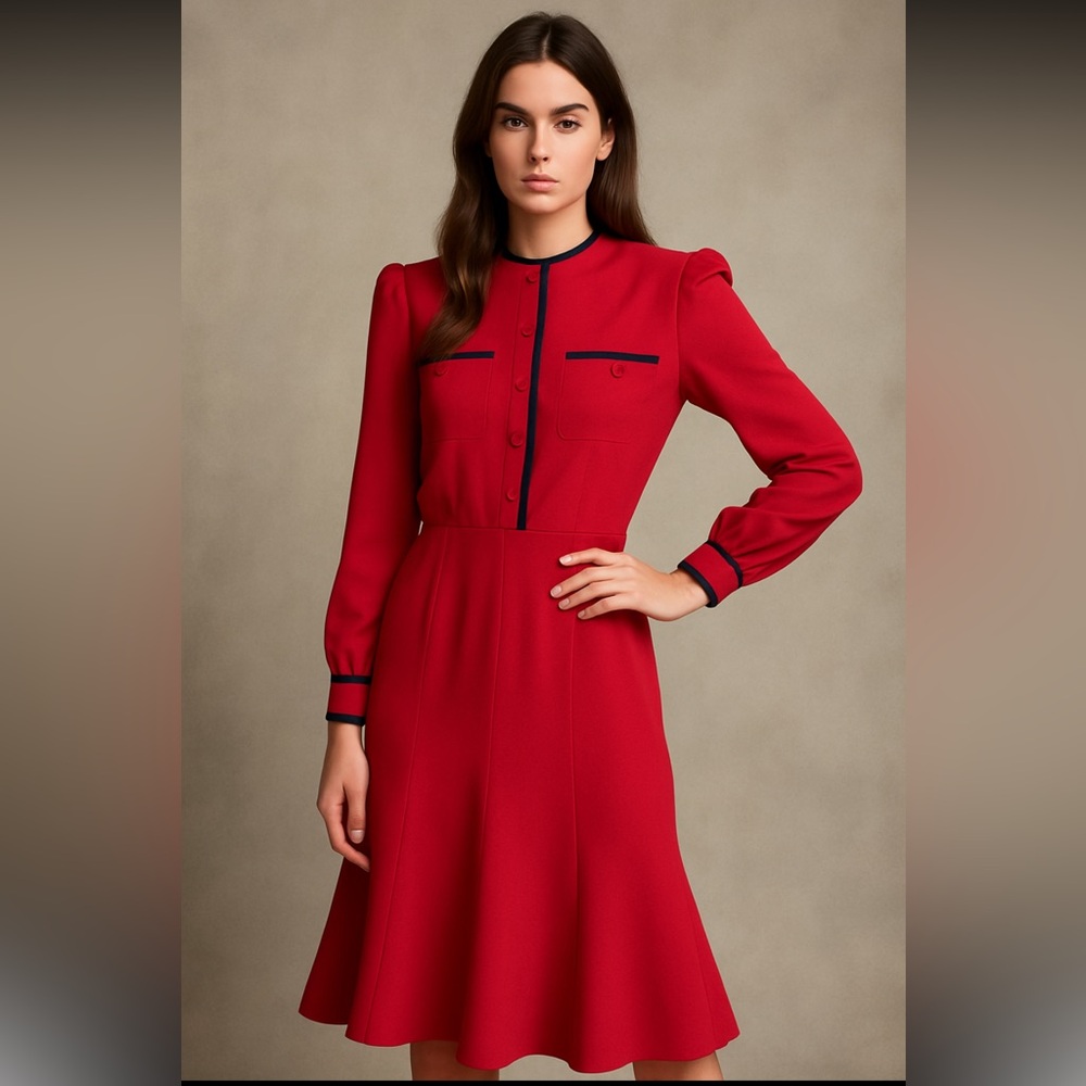 Vintage Rouie Petite Red Dress with Covered Buttons Navy Piping, Pockets! 8P